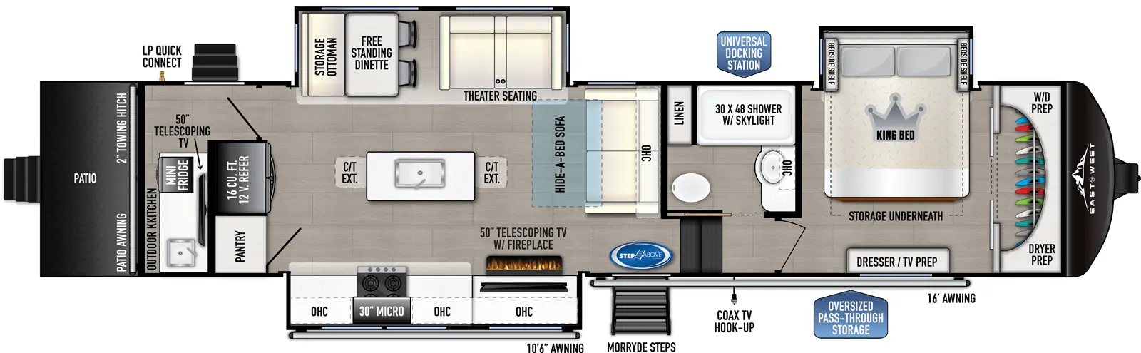 The Blackthorn 3400R-OK floorplan has two entries and two slide outs. Exterior features include: fiberglass exterior and 10'6" & 16' awning. Interiors features include: kitchen island, free-standing dinette option and front bedroom.